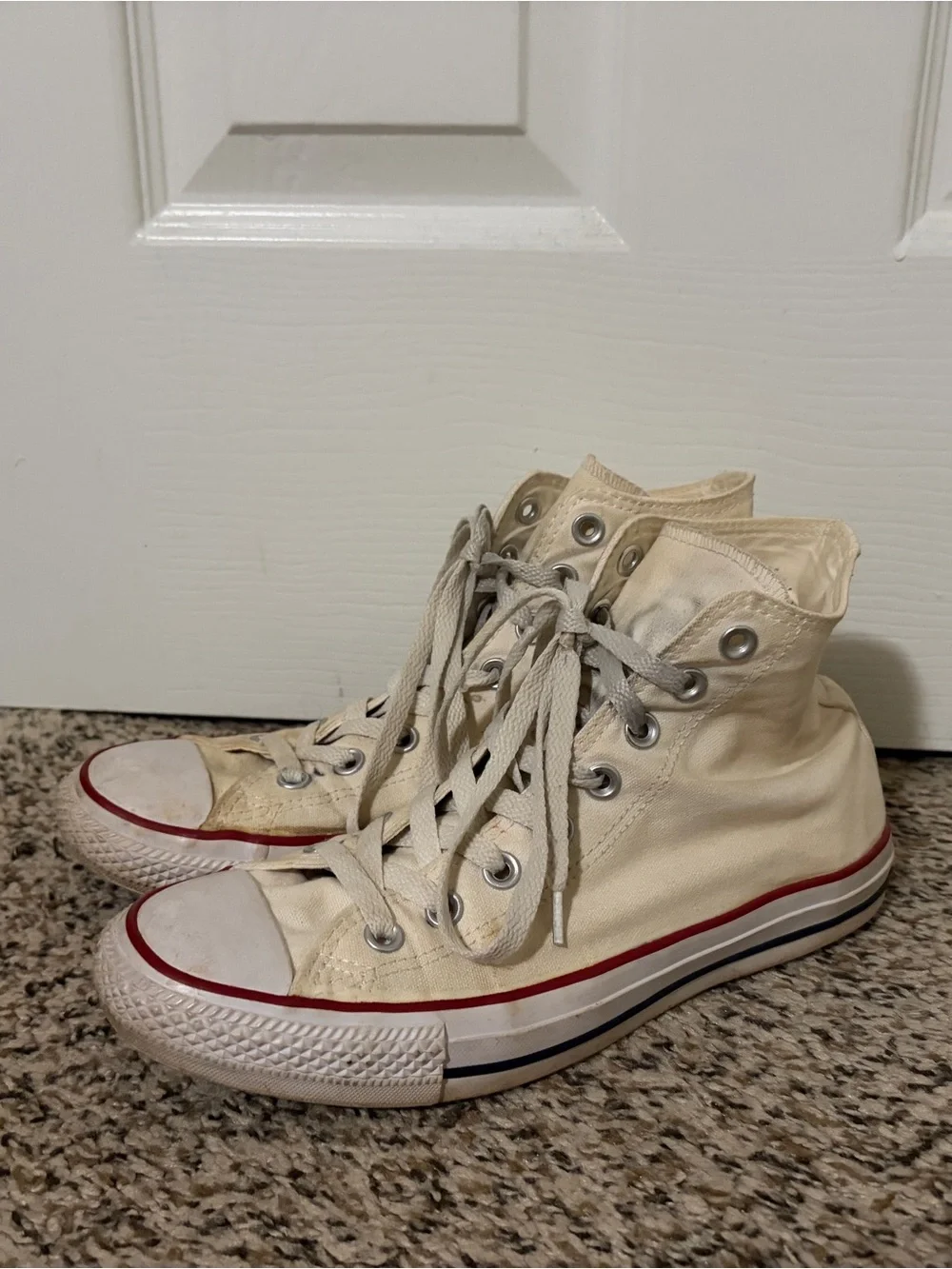 High-Top Canvas Sneakers in Cream with Red Accent